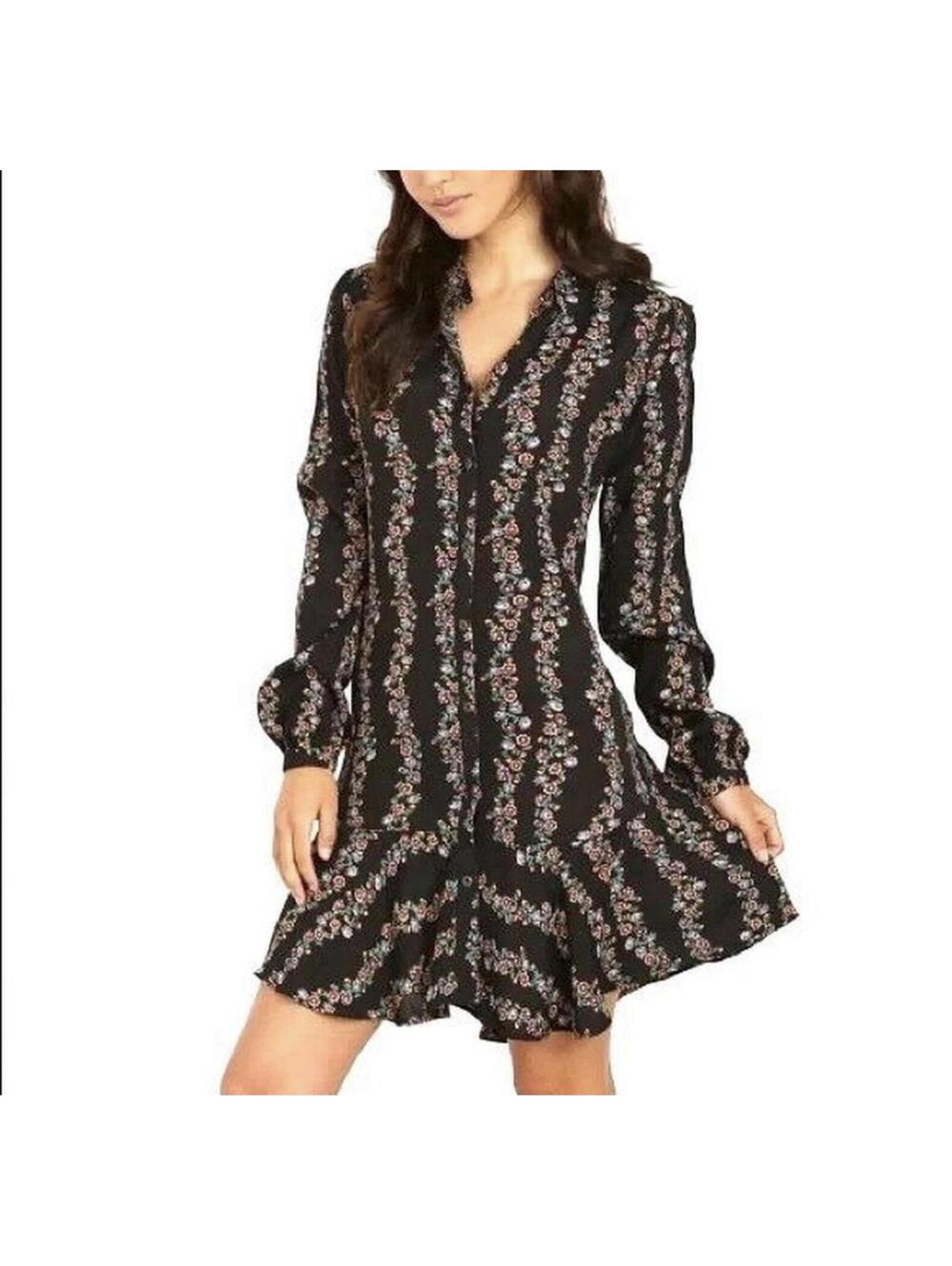 Free People Boho Floral Button Down Shirt Dress Black Combo Ruffle Mini XS